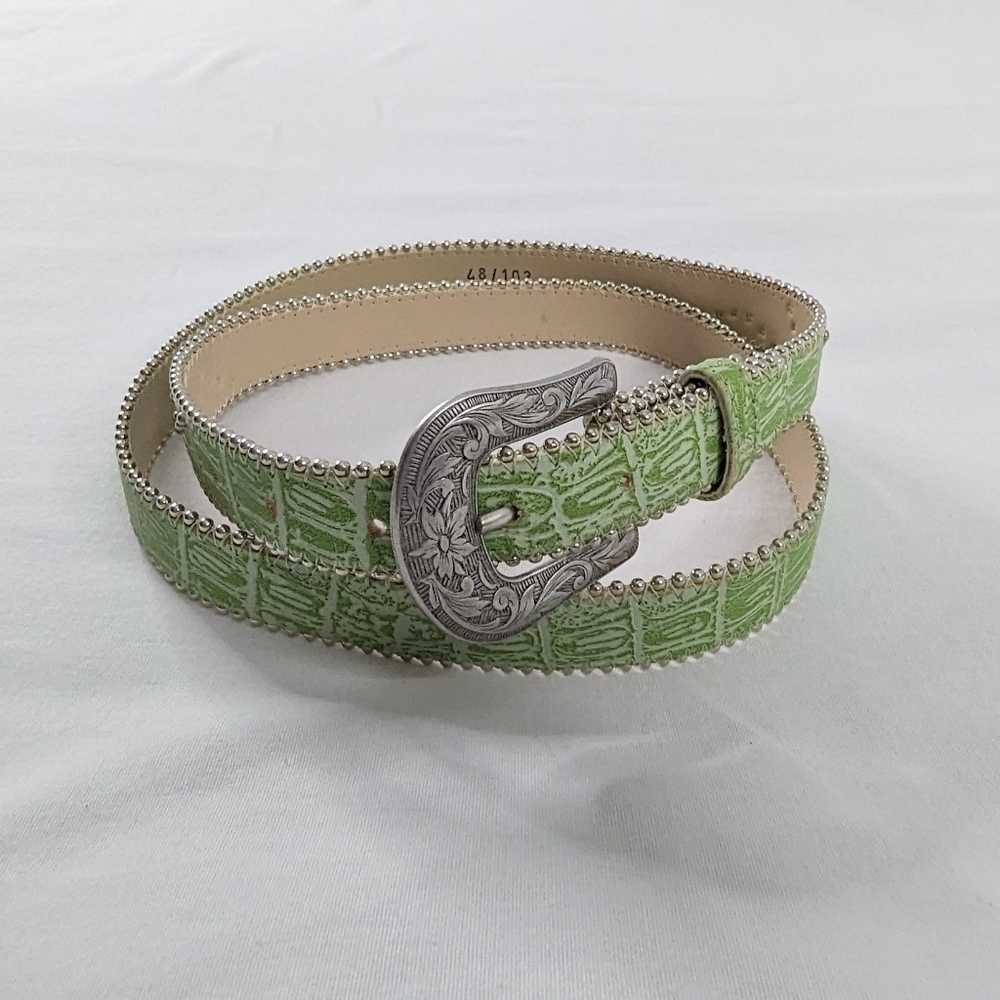 VTG Faux Leather Green Snakeprint Silver Buckle Western Belt